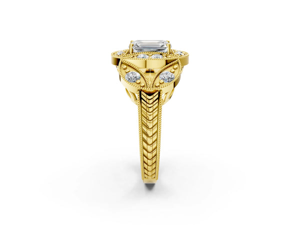 Yellow gold Emerald Diamond Milgrain Marquise Filigree Engagement Ring with Prong Setting