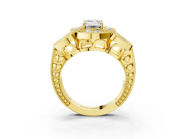 Yellow gold Emerald Diamond Milgrain Marquise Filigree Engagement Ring with Prong Setting