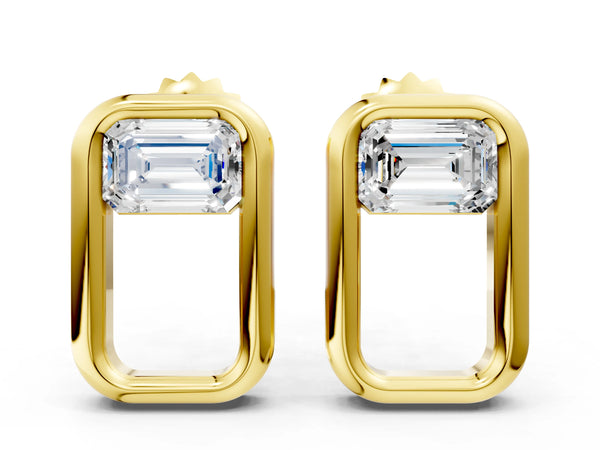 Yellow gold Emerald Diamond Open Frame Stud Earrings