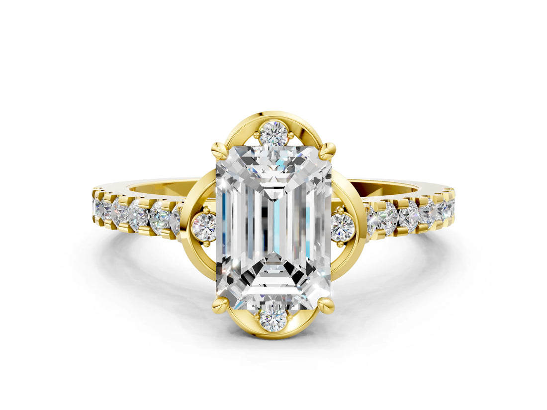 Yellow gold Emerald Diamond Pave Band with Floral Prong Setting_27