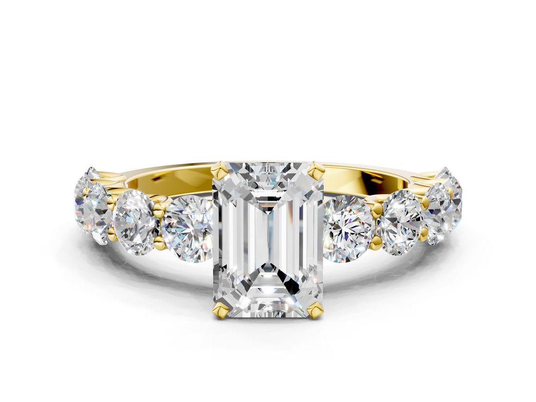 Yellow gold Emerald Diamond Prong Setting with Side Stones on a Pave Band_156