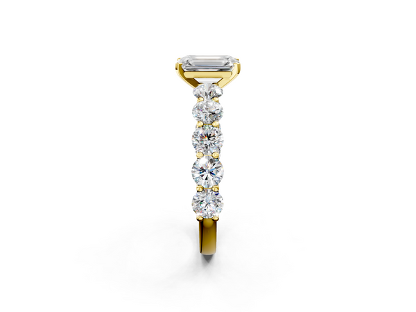 Yellow Gold Emerald Cut Side Stone Engagement Ring Setting with Prong-Set Round Shoulder Accents