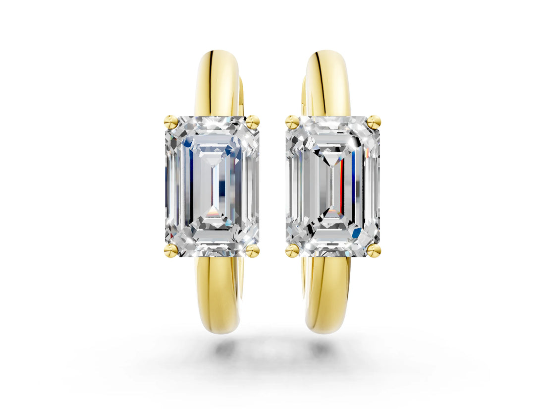 Yellow gold Emerald Diamond Solitaire Huggie Hoop Earrings