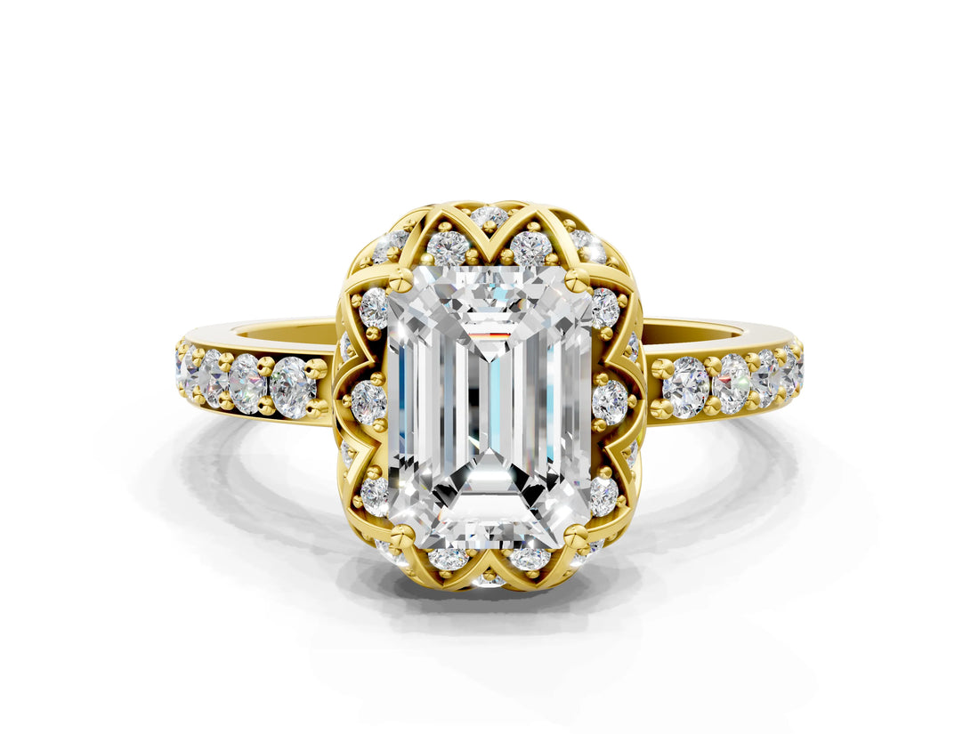 Yellow gold Emerald Diamond Solitaire Ring with Shared Prong Pavé Band_54