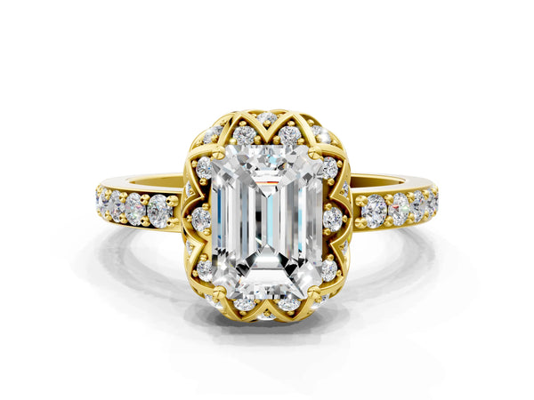 Yellow gold Emerald Diamond Solitaire Ring with Shared Prong Pavé Band