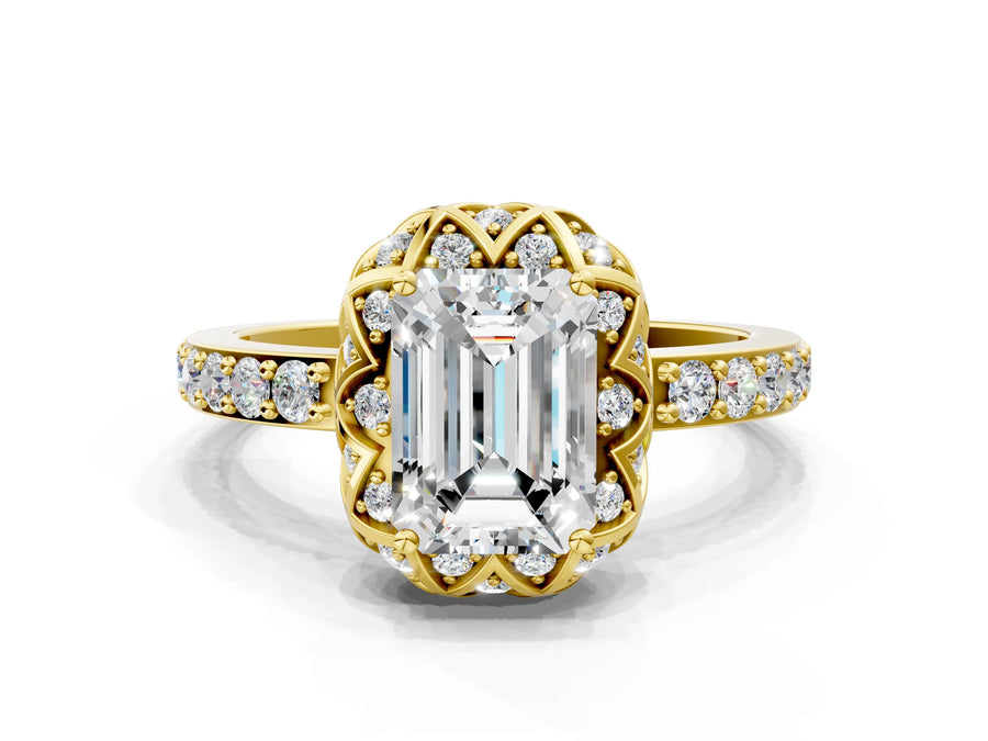 Yellow gold Emerald Diamond Solitaire Ring with Shared Prong Pavé Band