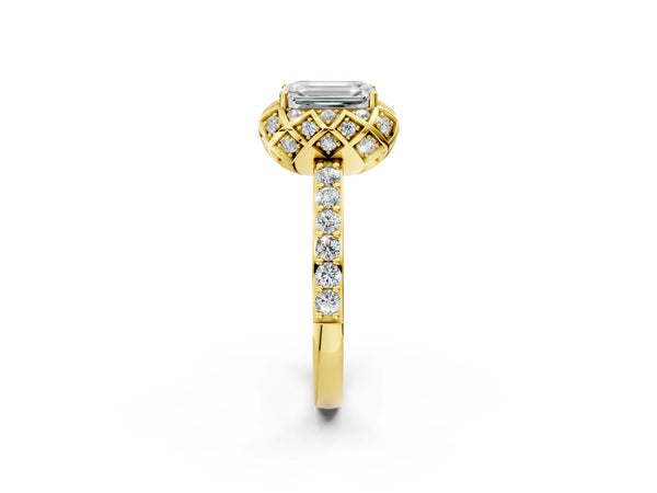 Yellow gold Emerald Diamond Solitaire Ring with Shared Prong Pavé Band