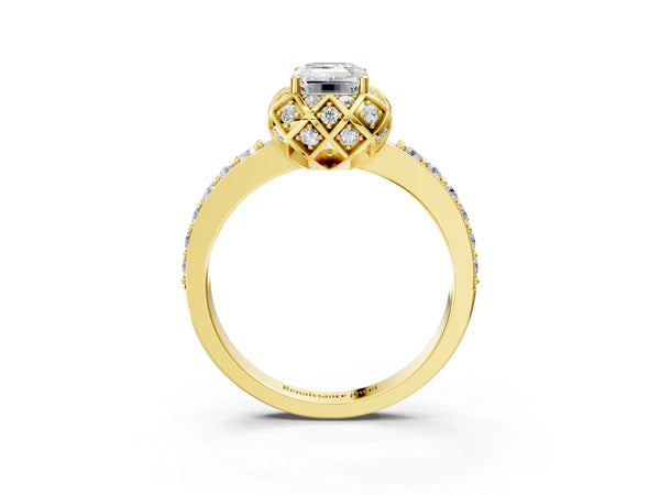 Yellow gold Emerald Diamond Solitaire Ring with Shared Prong Pavé Band