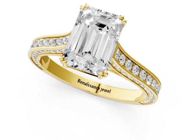 Yellow gold Emerald Diamond Solitaire with Pave Band and Six-Prong Setting