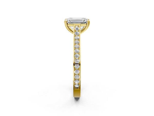 Yellow gold Emerald Diamond Solitaire with Pave Band and Six-Prong Setting