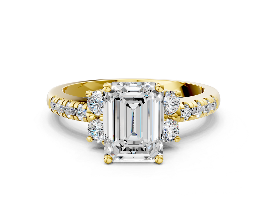 Yellow gold Emerald Diamond Three-Stone Pave Band with Four-Prong Setting_32