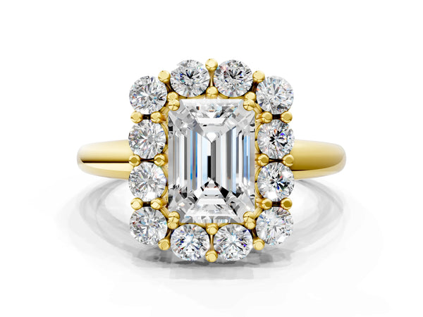 Yellow gold Emerald Halo Cluster Diamond Engagement Ring with Prong Setting and Polished Band