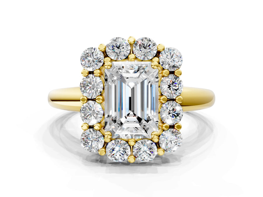 Yellow gold Emerald Halo Cluster Diamond Engagement Ring with Prong Setting and Polished Band