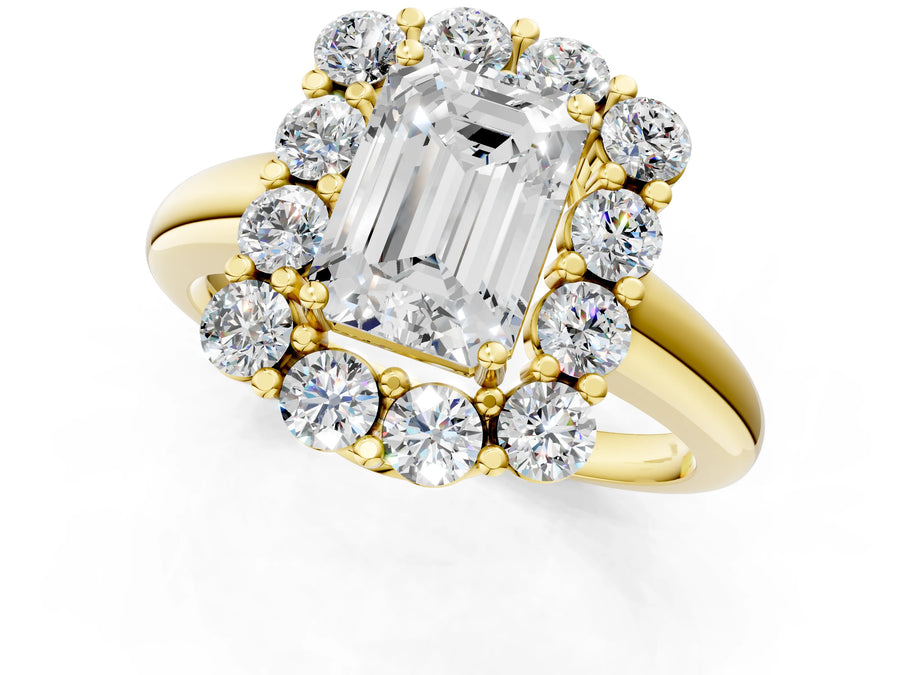 Yellow gold Emerald Halo Cluster Diamond Engagement Ring with Prong Setting and Polished Band