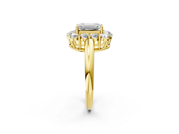 Yellow gold Emerald Halo Cluster Diamond Engagement Ring with Prong Setting and Polished Band