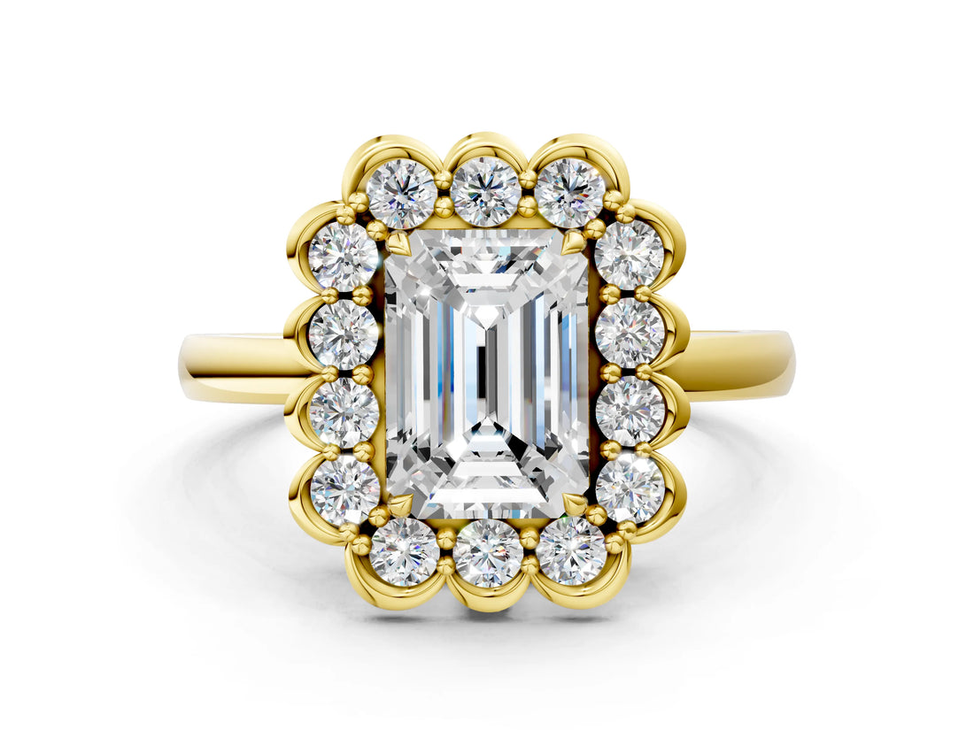 Yellow gold Emerald Halo Cluster Diamond Engagement Ring with Solitaire Band and Prong Setting_49