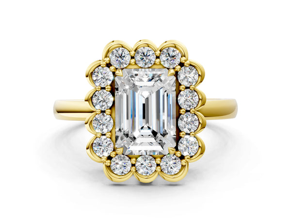 Yellow gold Emerald Halo Cluster Diamond Engagement Ring with Solitaire Band and Prong Setting