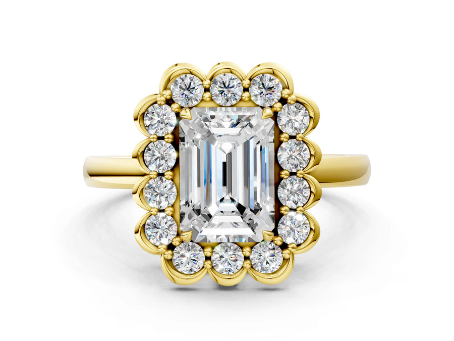 Yellow gold Emerald Halo Cluster Diamond Engagement Ring with Solitaire Band and Prong Setting
