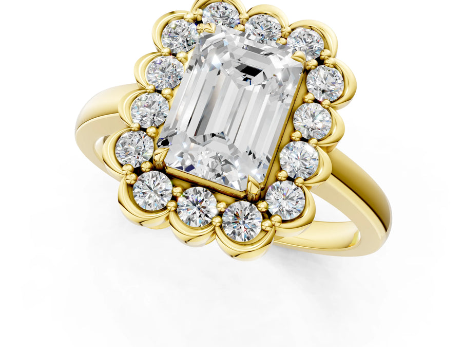 Yellow gold Emerald Halo Cluster Diamond Engagement Ring with Solitaire Band and Prong Setting
