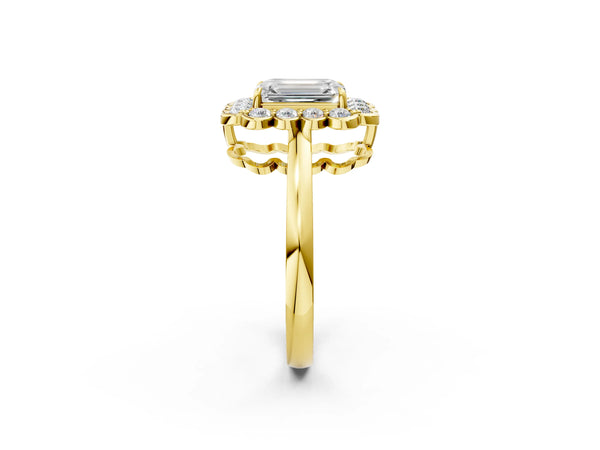 Yellow gold Emerald Halo Cluster Diamond Engagement Ring with Solitaire Band and Prong Setting