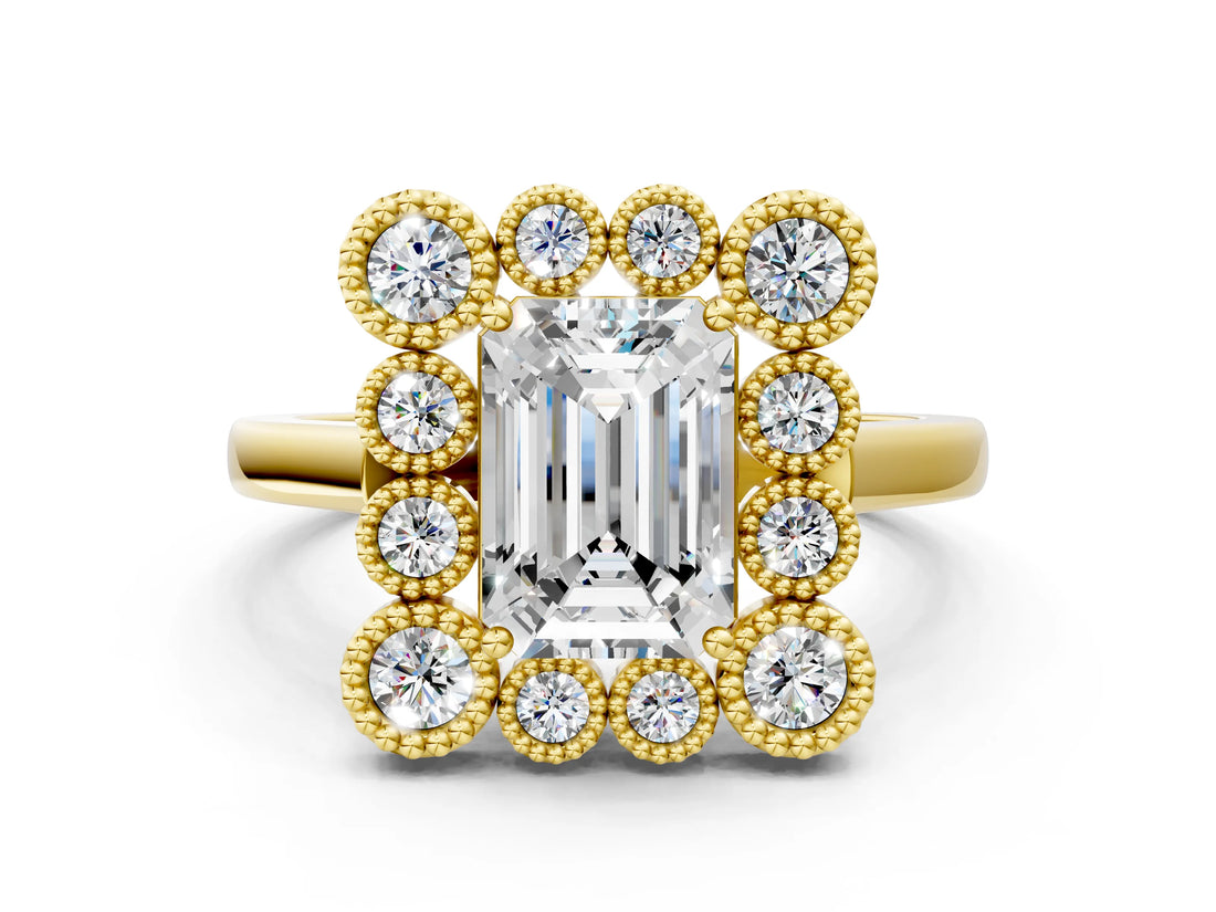 Yellow gold Emerald Halo Diamond Cluster Engagement Ring with Milgrain Bezel Setting and Solitaire Band_27