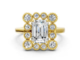 Yellow gold Emerald Halo Diamond Cluster Engagement Ring with Milgrain Bezel Setting and Solitaire Band_27