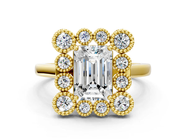 Yellow gold Emerald Halo Diamond Cluster Engagement Ring with Milgrain Bezel Setting and Solitaire Band