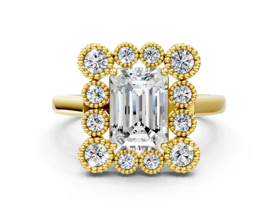 Yellow gold Emerald Halo Diamond Cluster Engagement Ring with Milgrain Bezel Setting and Solitaire Band