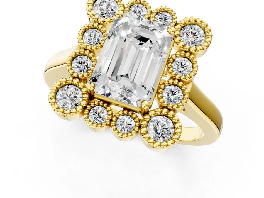 Yellow gold Emerald Halo Diamond Cluster Engagement Ring with Milgrain Bezel Setting and Solitaire Band