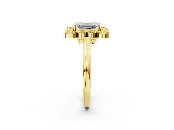 Yellow gold Emerald Halo Diamond Cluster Engagement Ring with Milgrain Bezel Setting and Solitaire Band