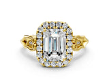Yellow gold Emerald Halo Diamond Engagement Ring with Filigree Band and Four-Prong Setting_81