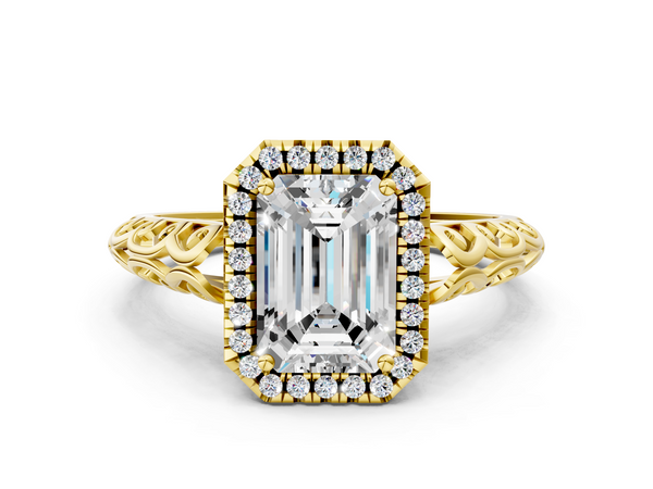 Yellow gold Emerald Halo Diamond Engagement Ring with Intricate Filigree Band and Four-Prong Setting
