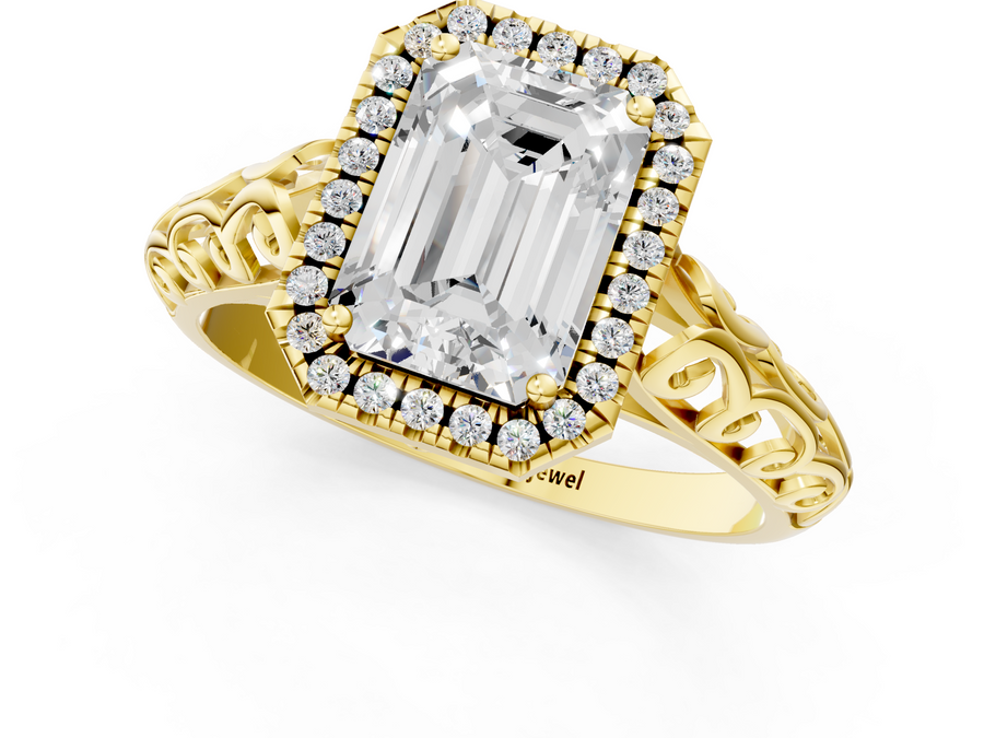 Yellow gold Emerald Halo Diamond Engagement Ring with Intricate Filigree Band and Four-Prong Setting