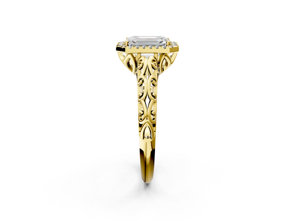 Yellow gold Emerald Halo Diamond Engagement Ring with Intricate Filigree Band and Four-Prong Setting