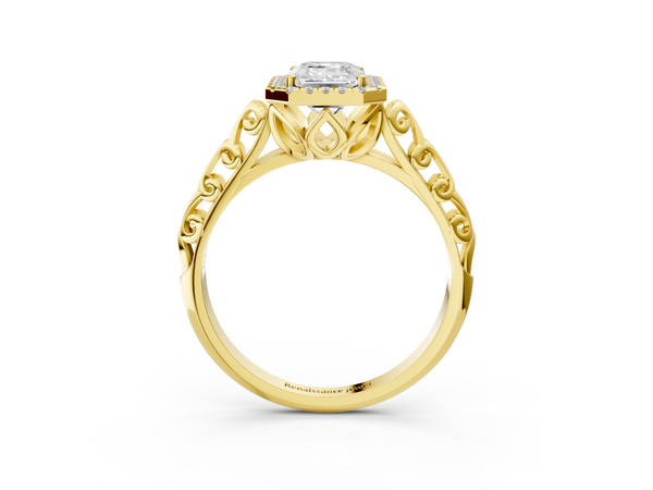 Yellow gold Emerald Halo Diamond Engagement Ring with Intricate Filigree Band and Four-Prong Setting