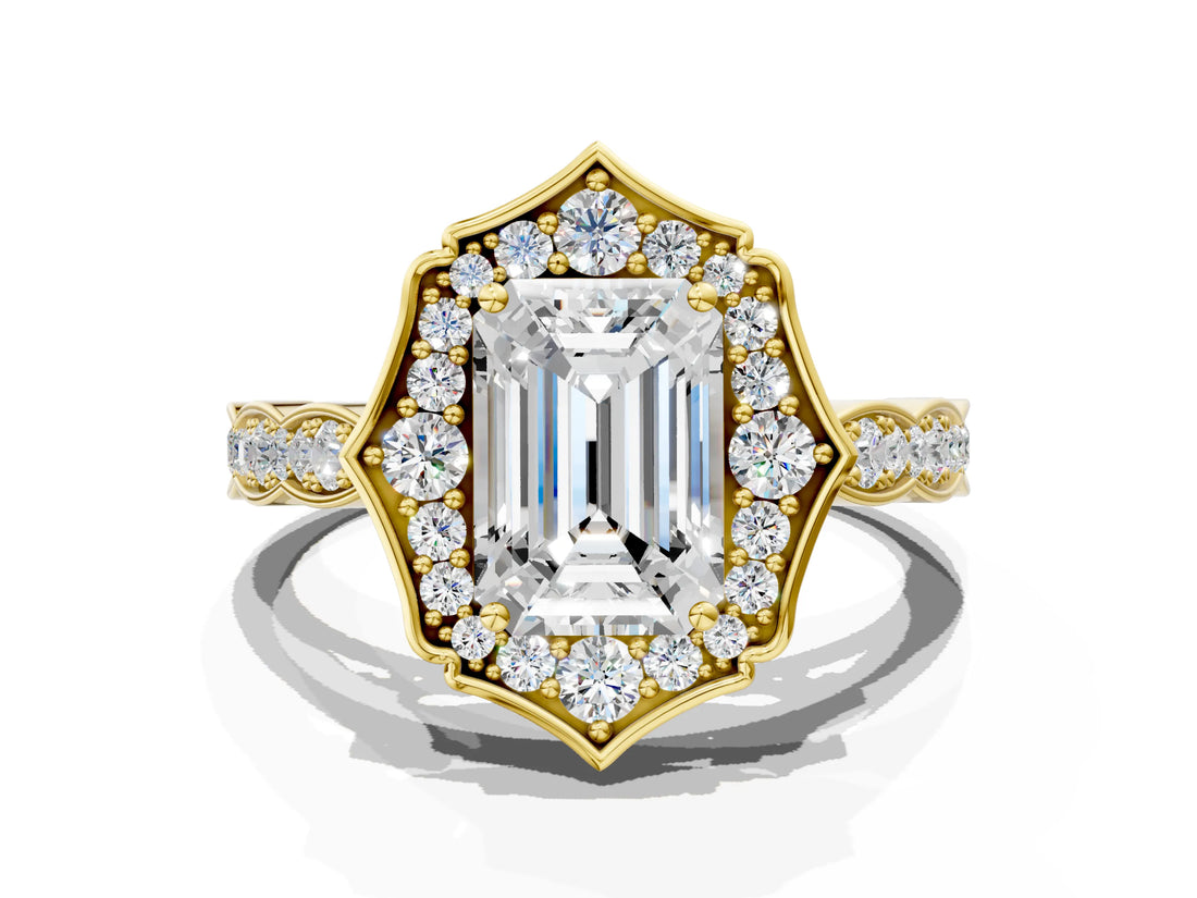 Yellow gold Emerald Halo Diamond Engagement Ring with Milgrain Band and Four-Prong Setting_37