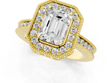 Yellow gold Emerald Halo Diamond Engagement Ring with Milgrain Pave Band and Four-Prong Setting_100