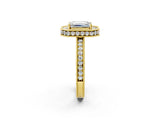 Yellow gold Emerald Halo Diamond Engagement Ring with Milgrain Pave Band and Four-Prong Setting_101