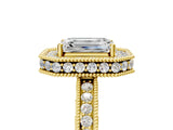 Yellow gold Emerald Halo Diamond Engagement Ring with Milgrain Pave Band and Four-Prong Setting_104