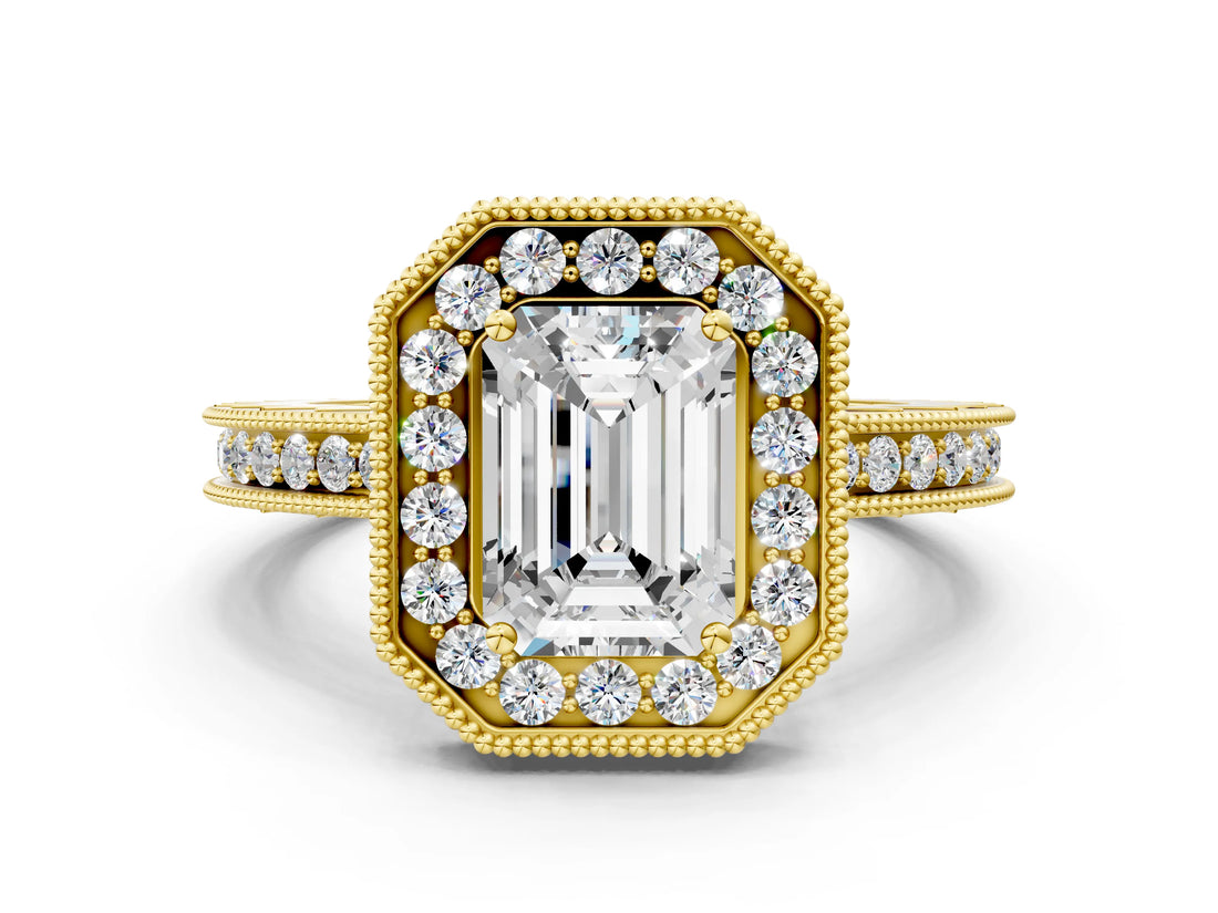 Yellow gold Emerald Halo Diamond Engagement Ring with Milgrain Pave Band and Four-Prong Setting_12