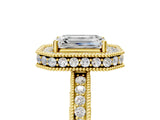 Yellow gold Emerald Halo Diamond Engagement Ring with Milgrain Pave Band and Four-Prong Setting_17
