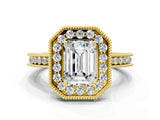 Yellow gold Emerald Halo Diamond Engagement Ring with Milgrain Pave Band and Four-Prong Setting_99