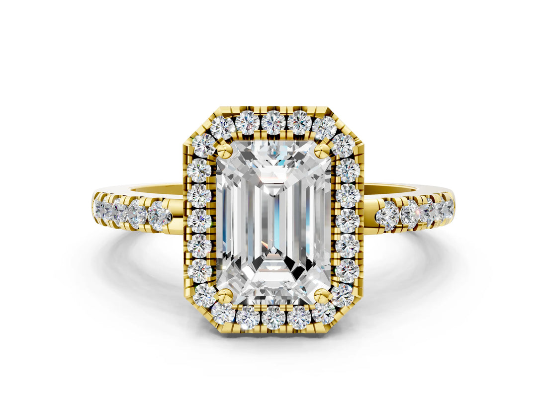 Yellow gold Emerald Halo Diamond Engagement Ring with Pavé Band and Four-Prong Setting_63