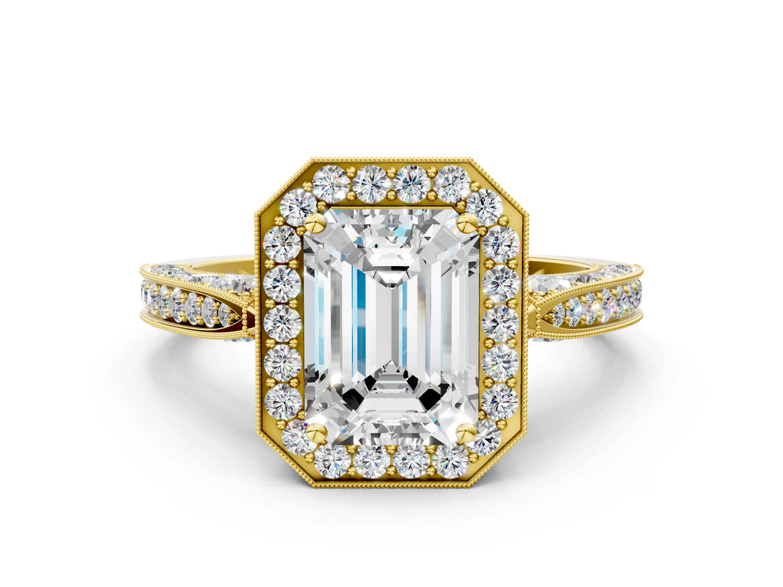 Yellow gold Emerald Halo Diamond Engagement Ring with Split Shank Band and Four-Prong Setting_6