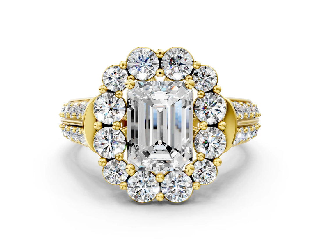 Yellow gold Emerald Halo Diamond Engagement Ring with Split Shank and Prong Setting_64