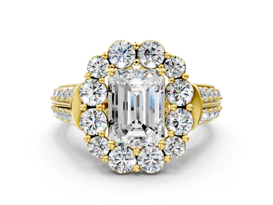 Yellow gold Emerald Halo Diamond Engagement Ring with Split Shank and Prong Setting