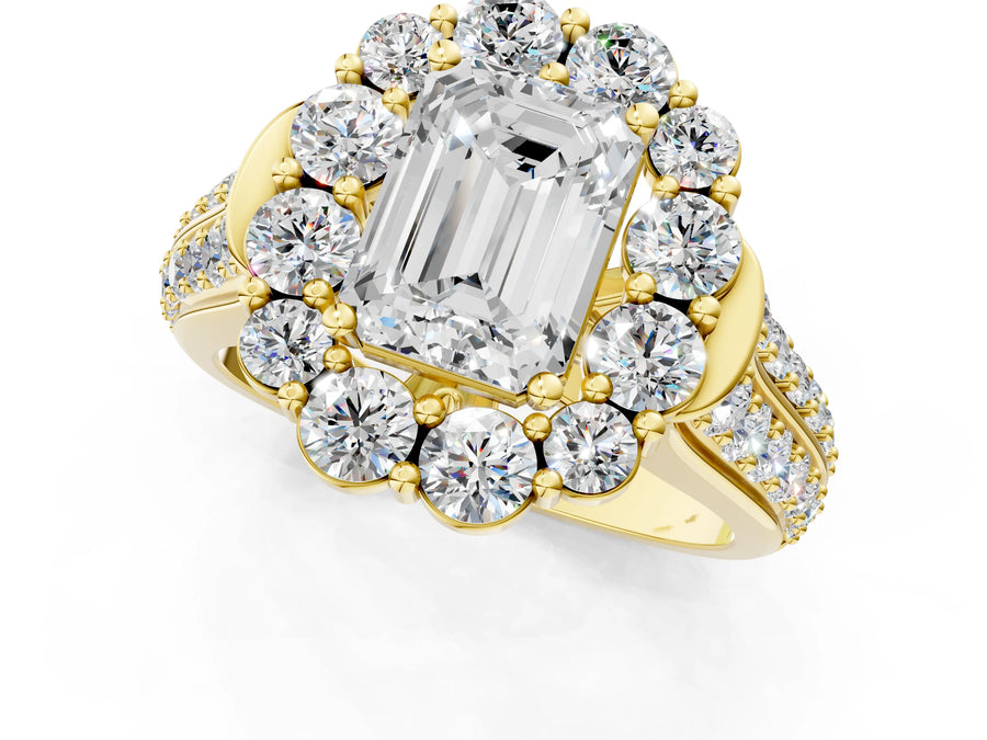 Yellow gold Emerald Halo Diamond Engagement Ring with Split Shank and Prong Setting