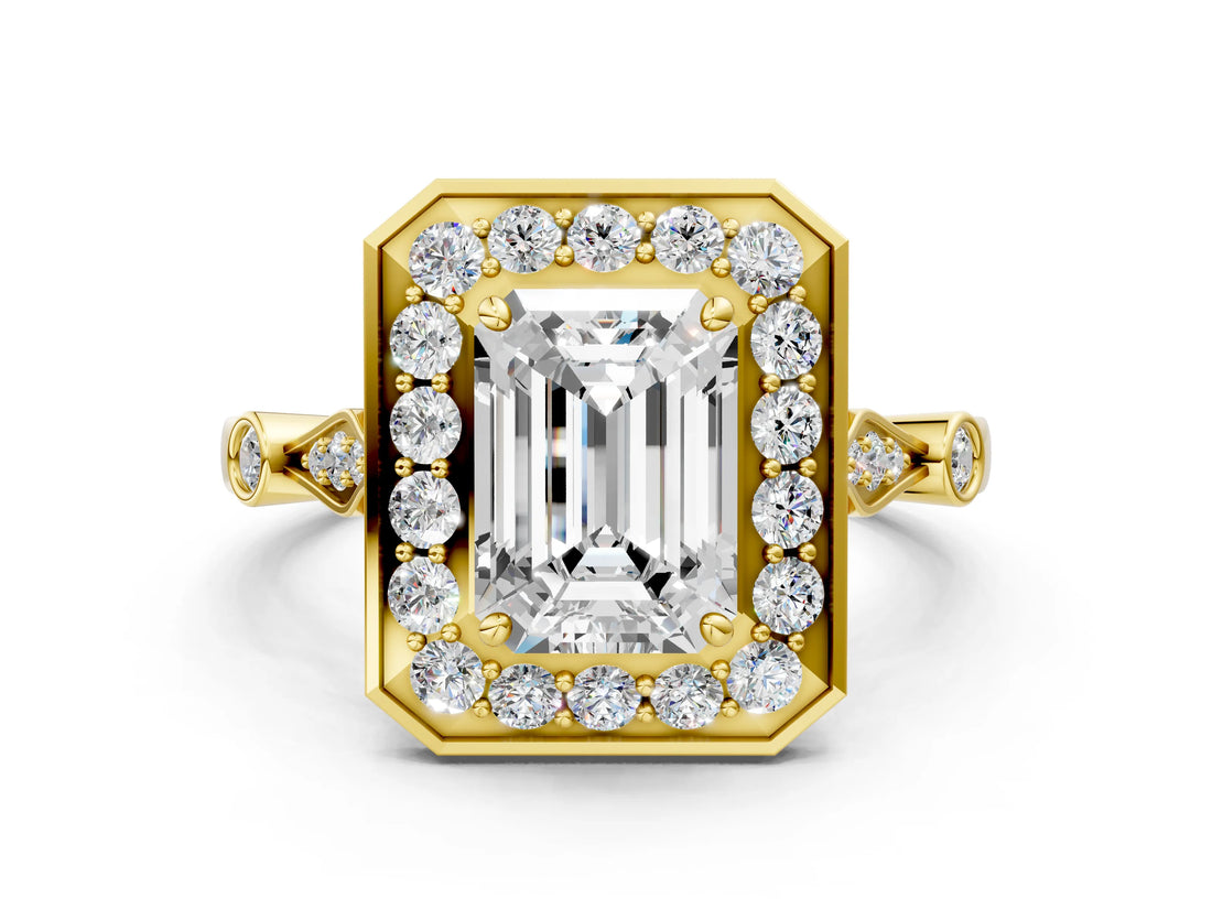 Yellow gold Emerald Halo Diamond Engagement Ring with Twisted Band and Four-Prong Setting