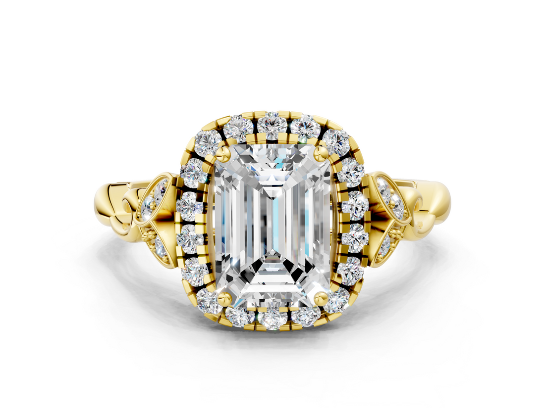 Yellow gold Emerald Halo Diamond Engagement Ring with Vintage-Inspired Band and Four-Prong Setting_3