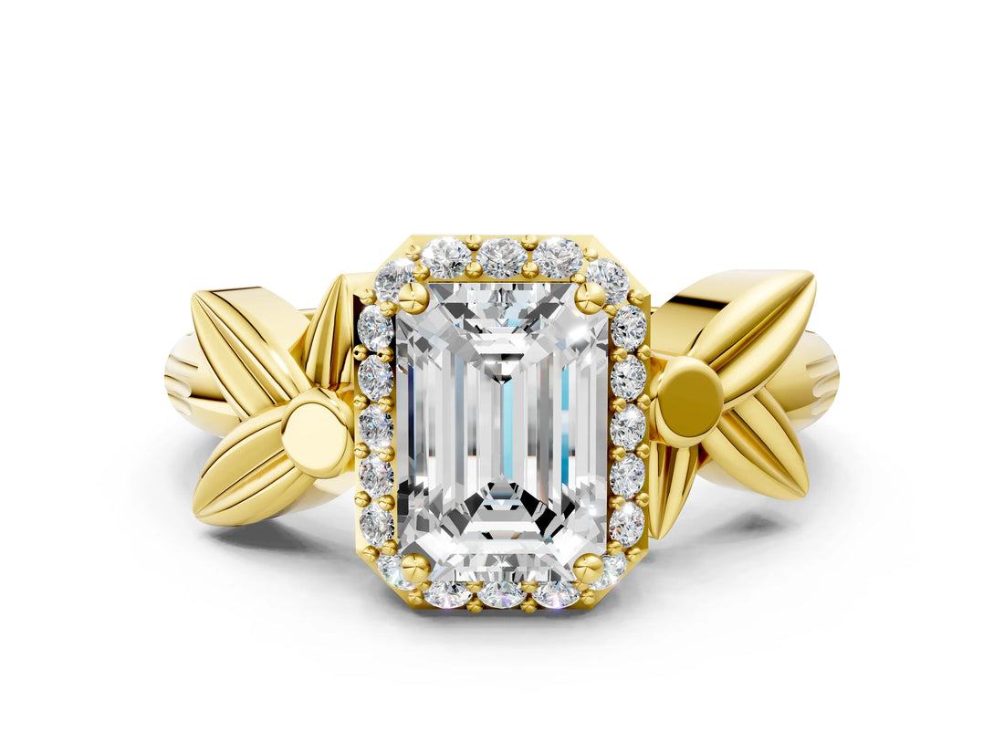 Yellow gold Emerald Halo Diamond Floral Band with Four-Prong Setting_76